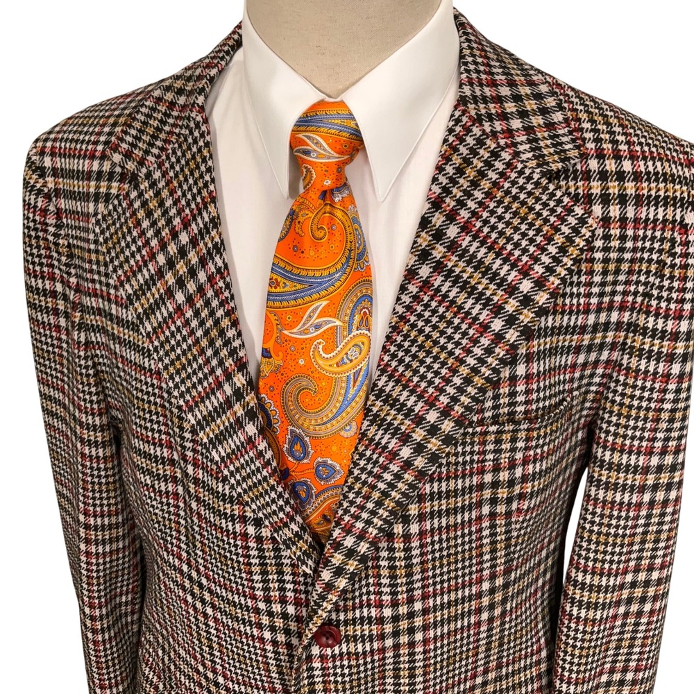 Vintage 70s Blazer Mens 44L Black Red Glen Check Plaid 2-Button Jacket VTG